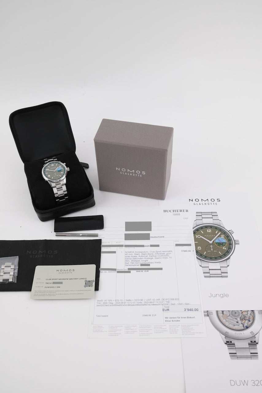 Nomos Club Sport Neomatik Weltzeit Jungle 790.S2 - Papiere und oder Lieferumfang